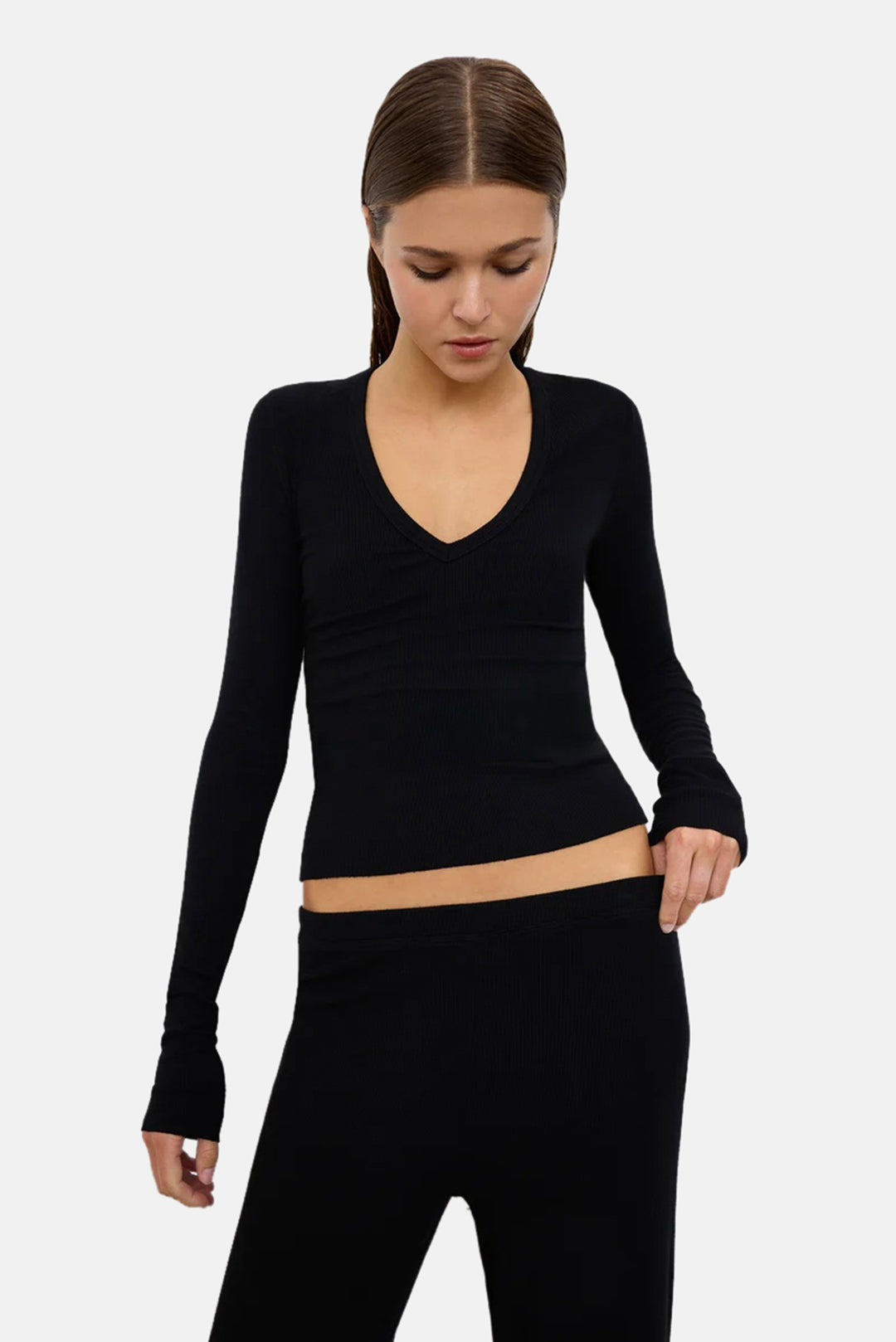 Long Sleeve V-Neck Top Black