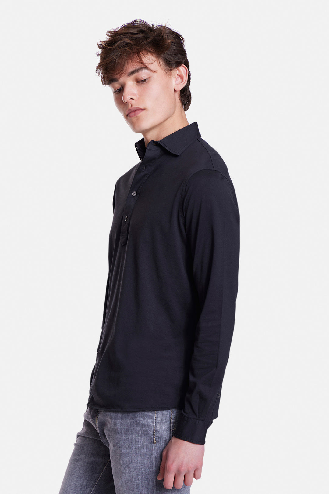 Long Sleeve Cotton Jersey Polo Black