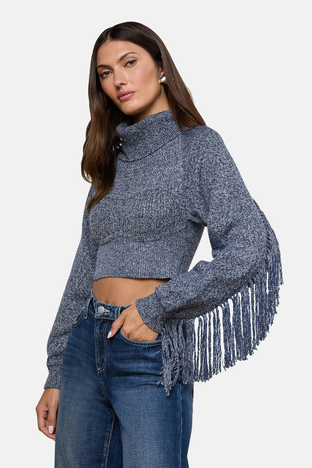 Maddison Fringed Turtleneck Denim Blue