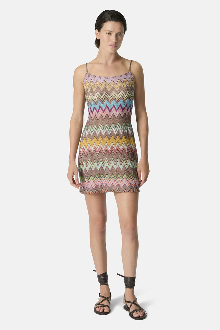 Mini Cover-up Dress in Lamé Viscose w/ Macro Zigzag Pattern Black & Multicoloured