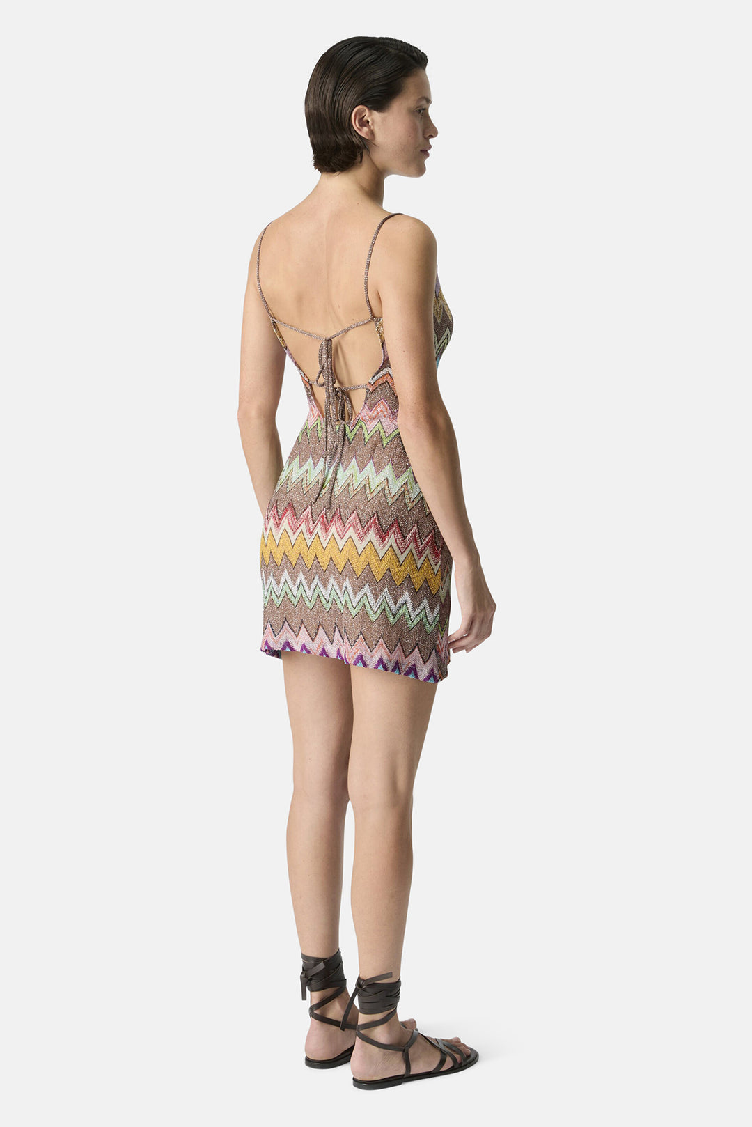 Mini Cover-up Dress in Lamé Viscose w/ Macro Zigzag Pattern Black & Multicoloured