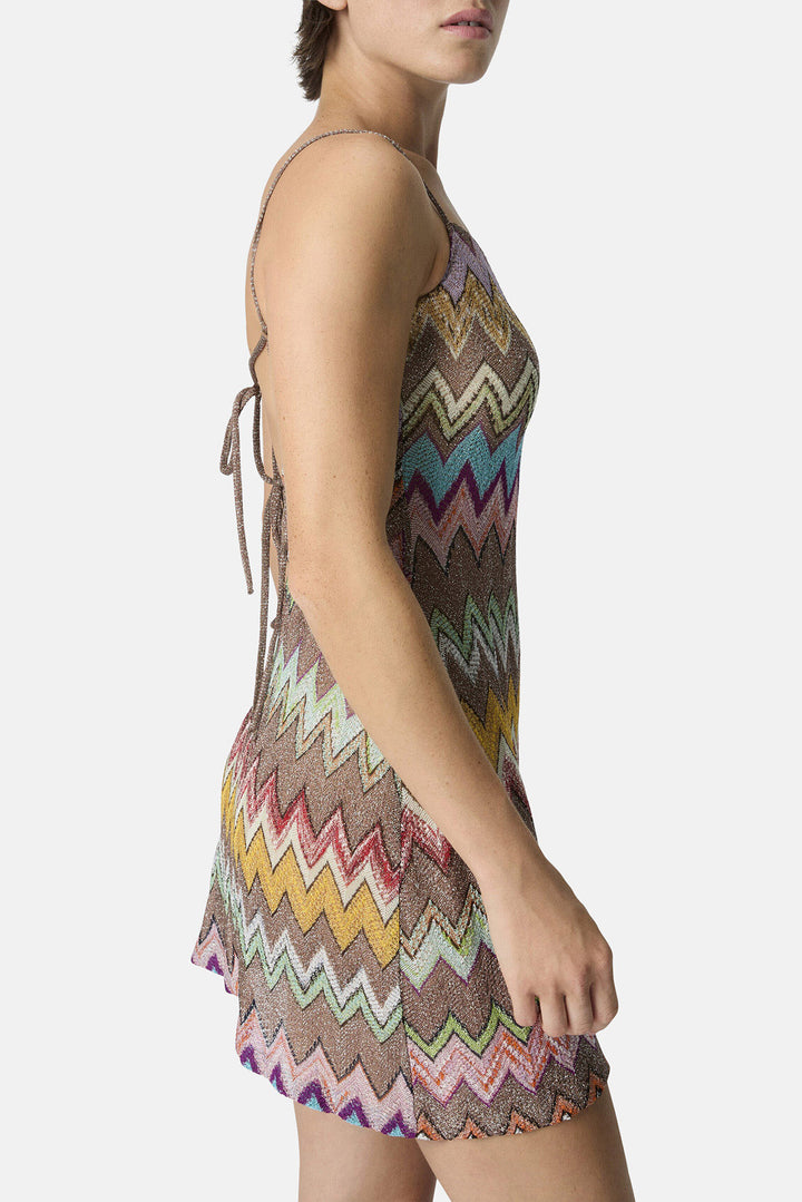 Mini Cover-up Dress in Lamé Viscose w/ Macro Zigzag Pattern Black & Multicoloured