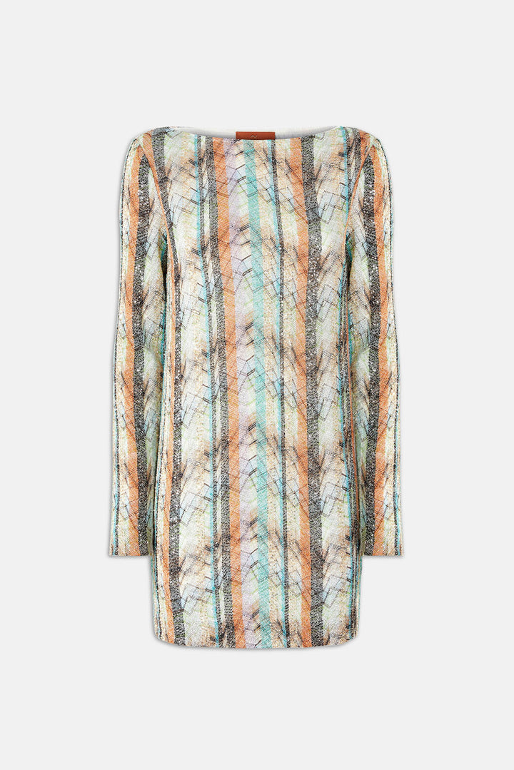 Multi-Technique Mixed Viscose Lamé Mini Dress w/ Boat Neck Multicoloured