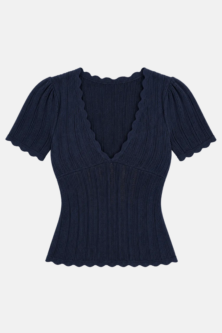 Kaia Pointelle V-Neck Top Navy