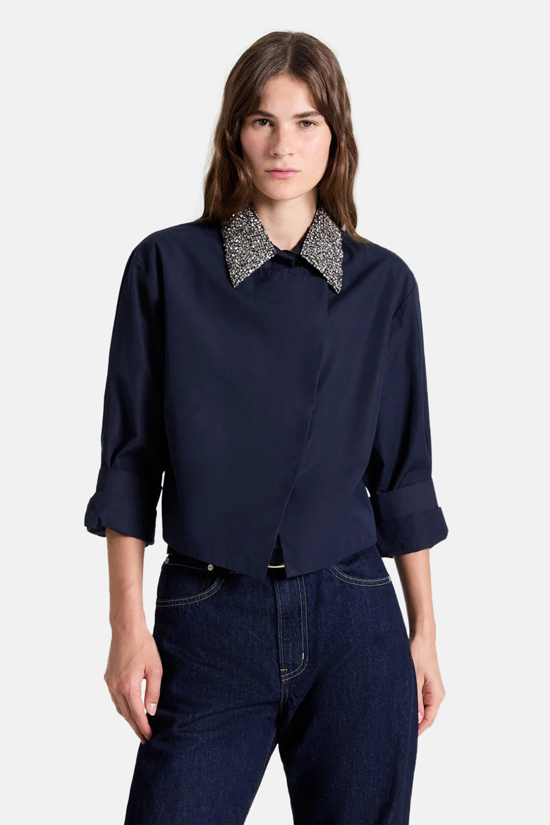New Chapter Shirt w/ Crystal Collar in Cotton Poplin Midnight