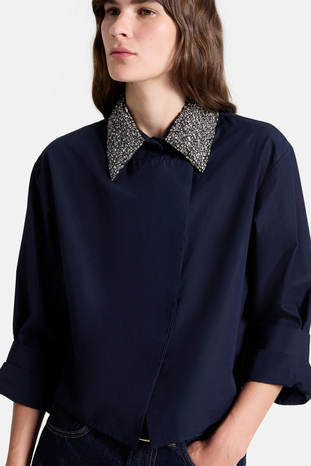 New Chapter Shirt w/ Crystal Collar in Cotton Poplin Midnight