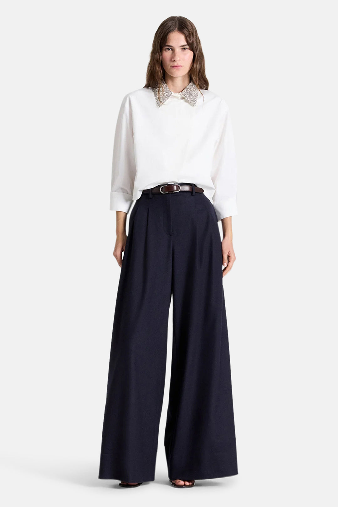 New Chapter Shirt w/ Crystal Collar in Cotton Poplin White