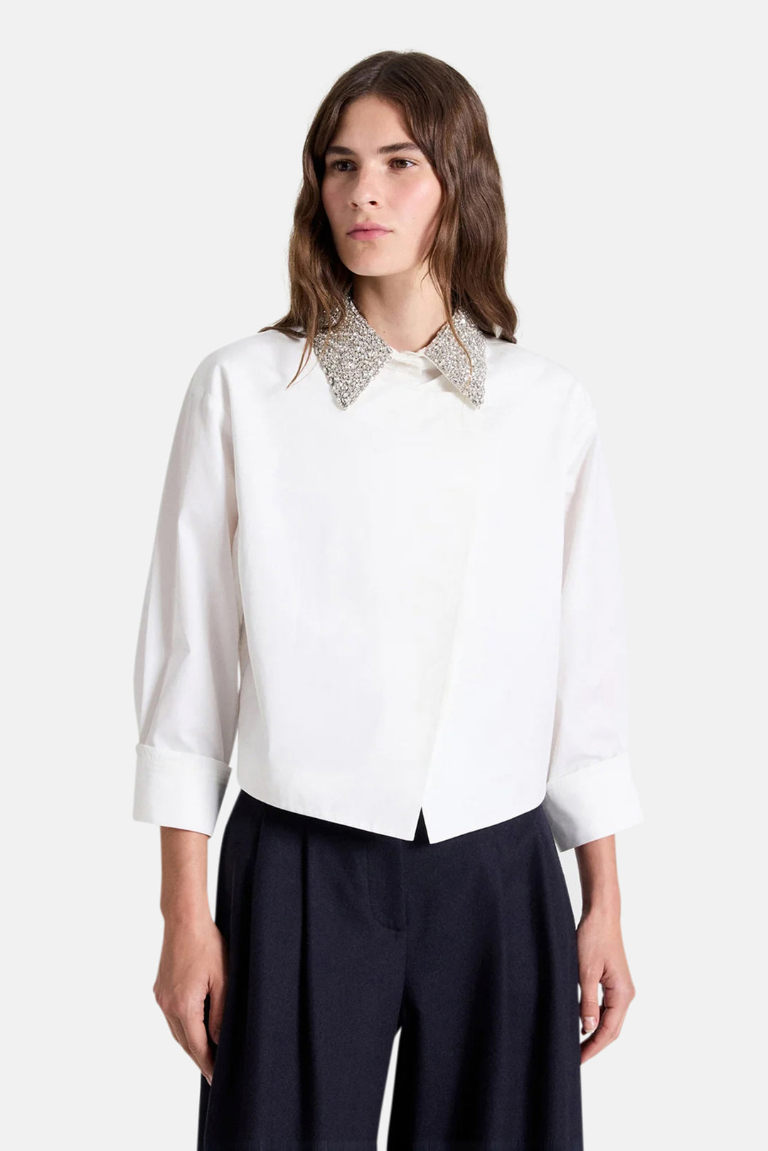 New Chapter Shirt w/ Crystal Collar in Cotton Poplin White