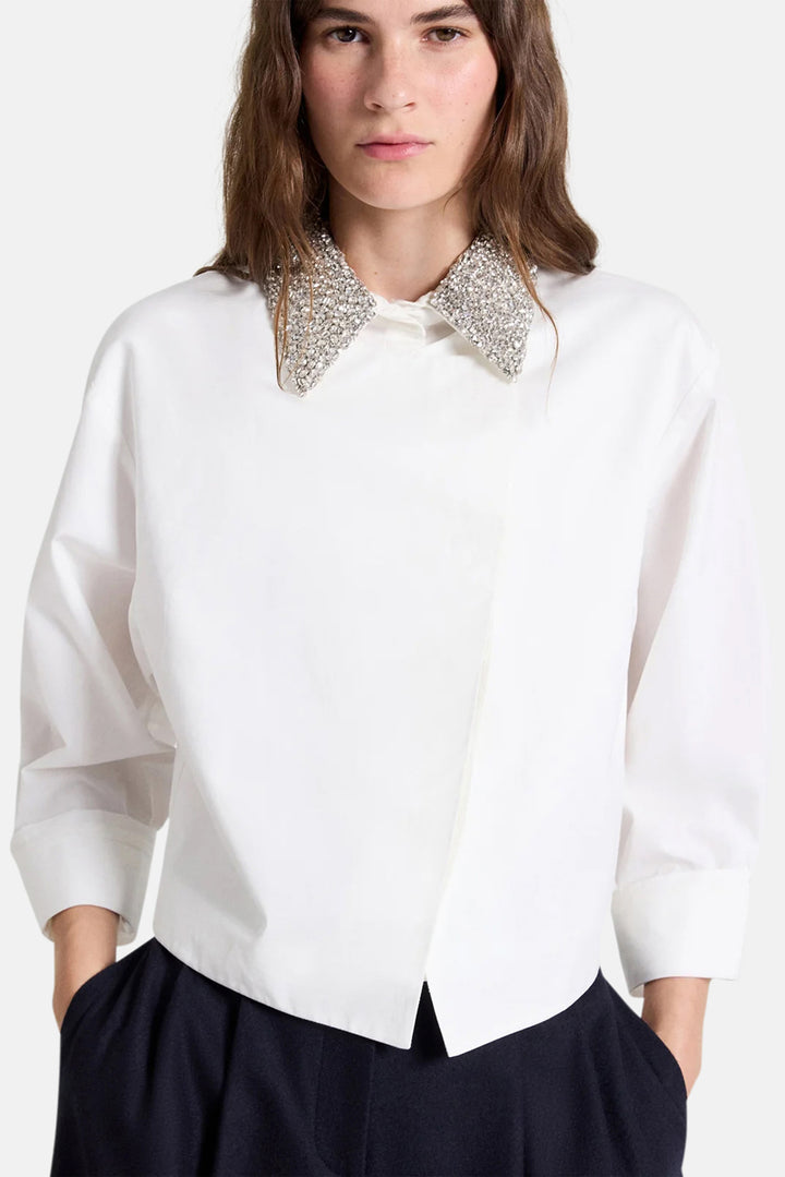 New Chapter Shirt w/ Crystal Collar in Cotton Poplin White