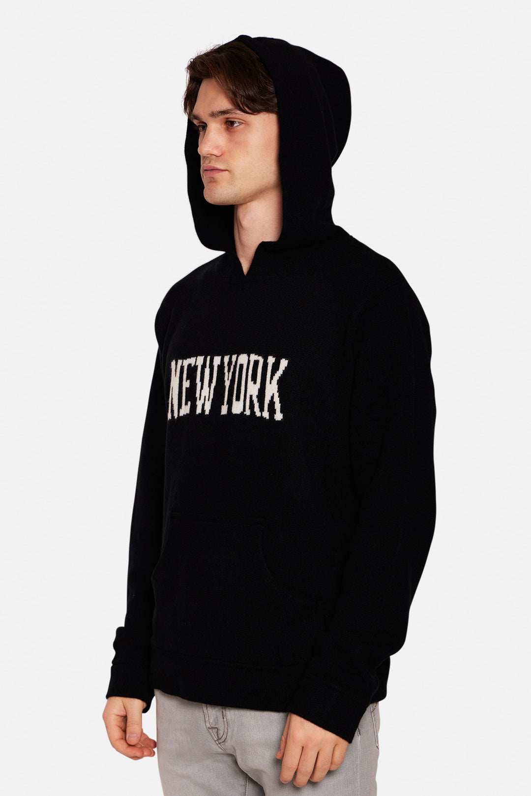 New York Cashmere Intarsia Hoodie Black