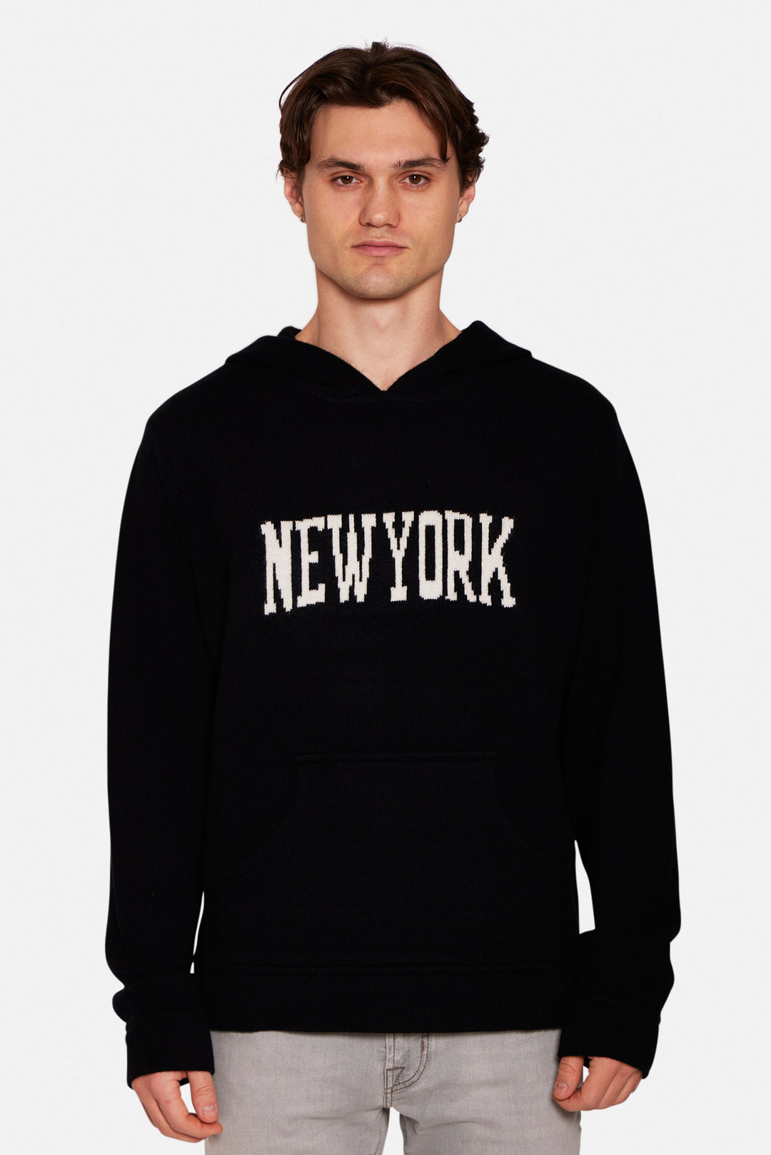 New York Cashmere Intarsia Hoodie Black