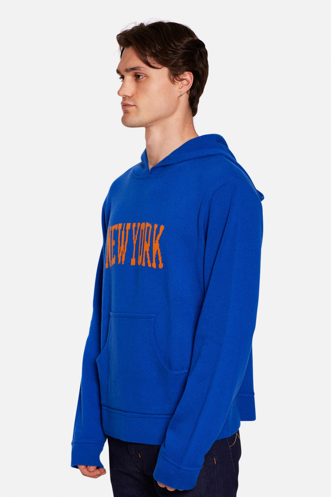 New York Cashmere Intarsia Hoodie Diamond Blue
