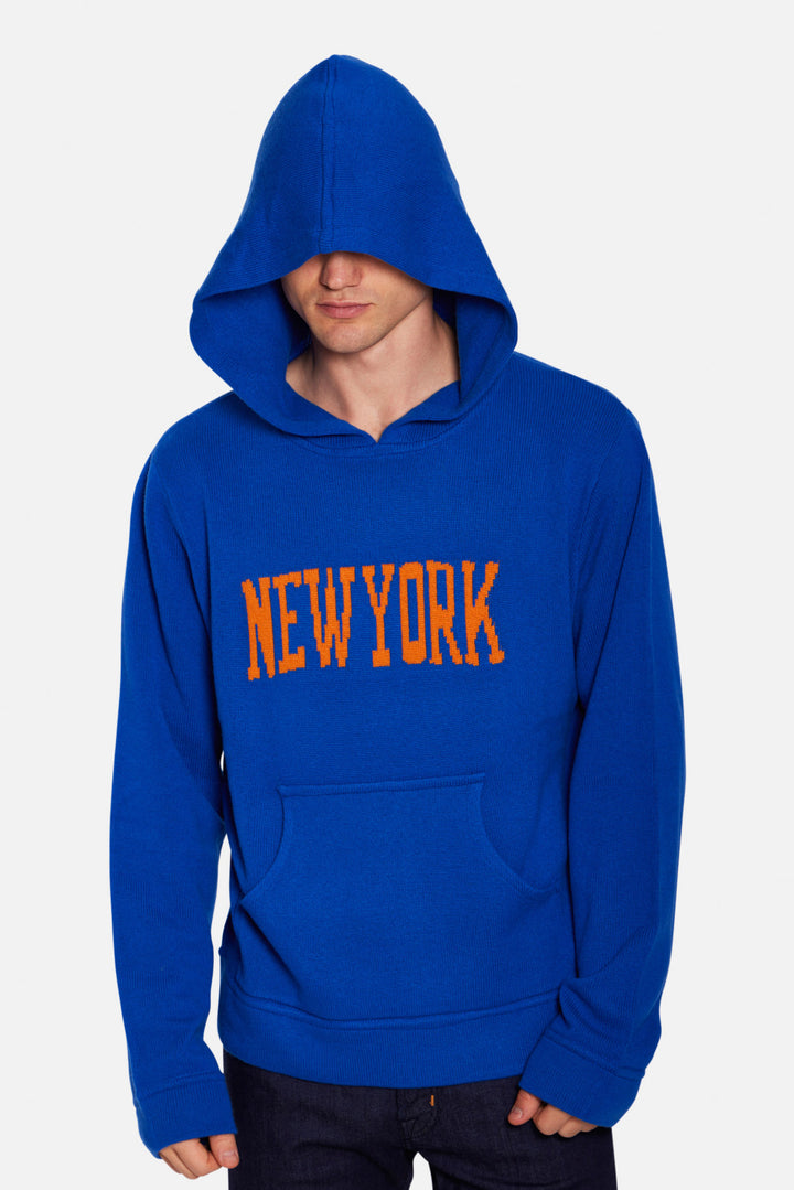 New York Cashmere Intarsia Hoodie Diamond Blue