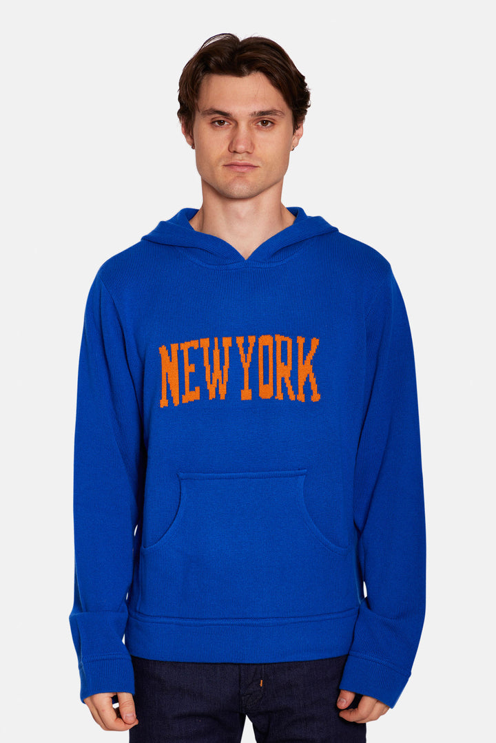 New York Cashmere Intarsia Hoodie Diamond Blue