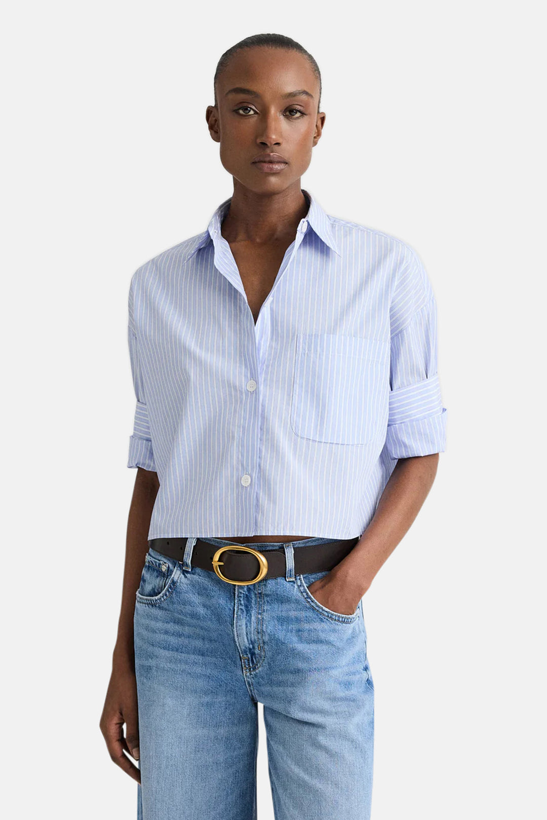 Next Ex Crop Shirt in Spaced Stripe Shirting Blue Haven/White
