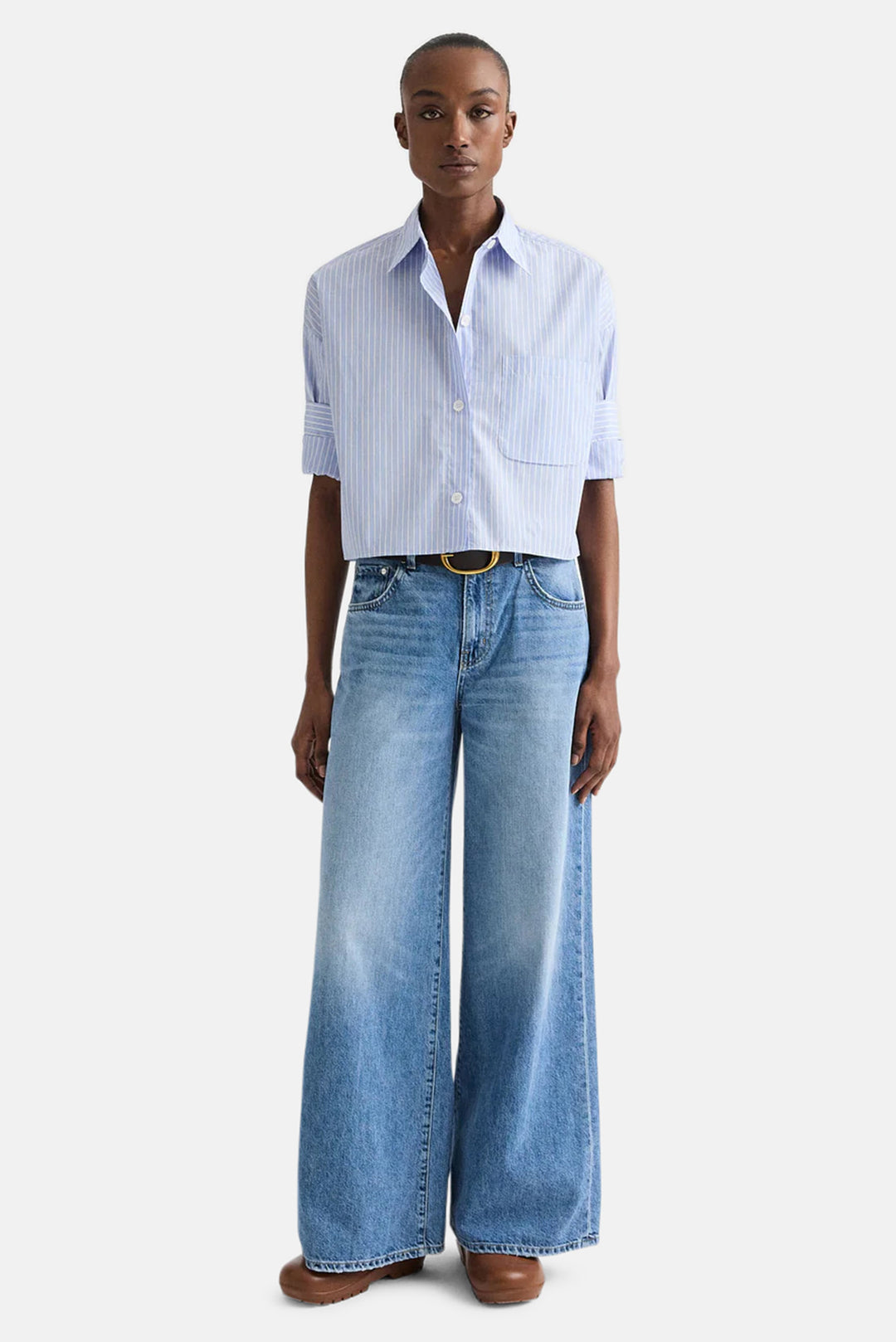 Next Ex Crop Shirt in Spaced Stripe Shirting Blue Haven/White