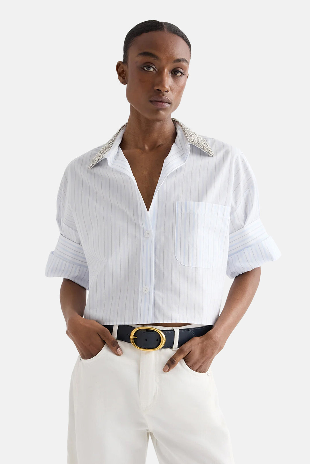 Next Ex Shirt w/ Crystal Collar in White / Blue