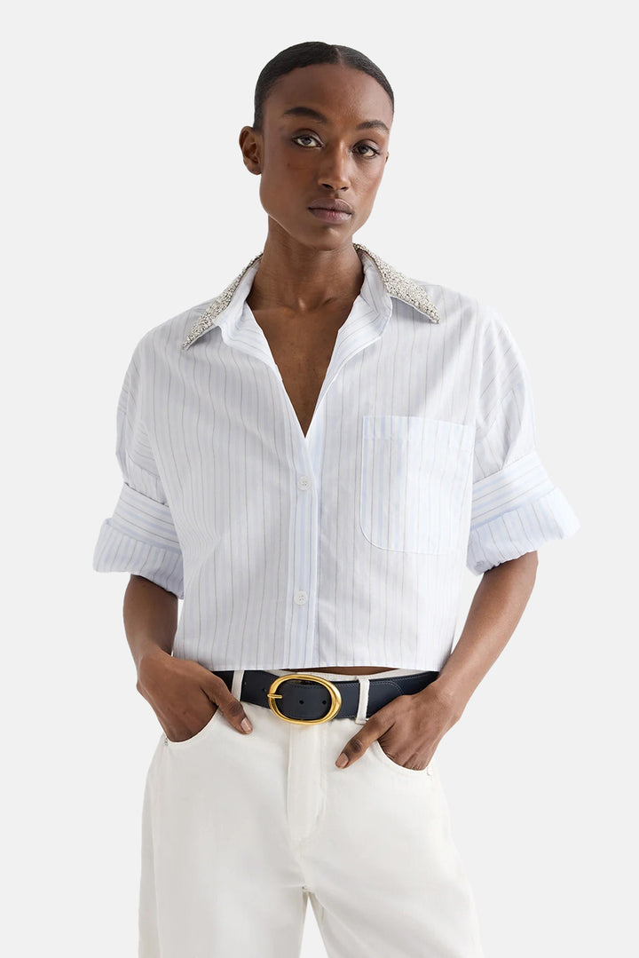 Next Ex Shirt w/ Crystal Collar in White / Blue