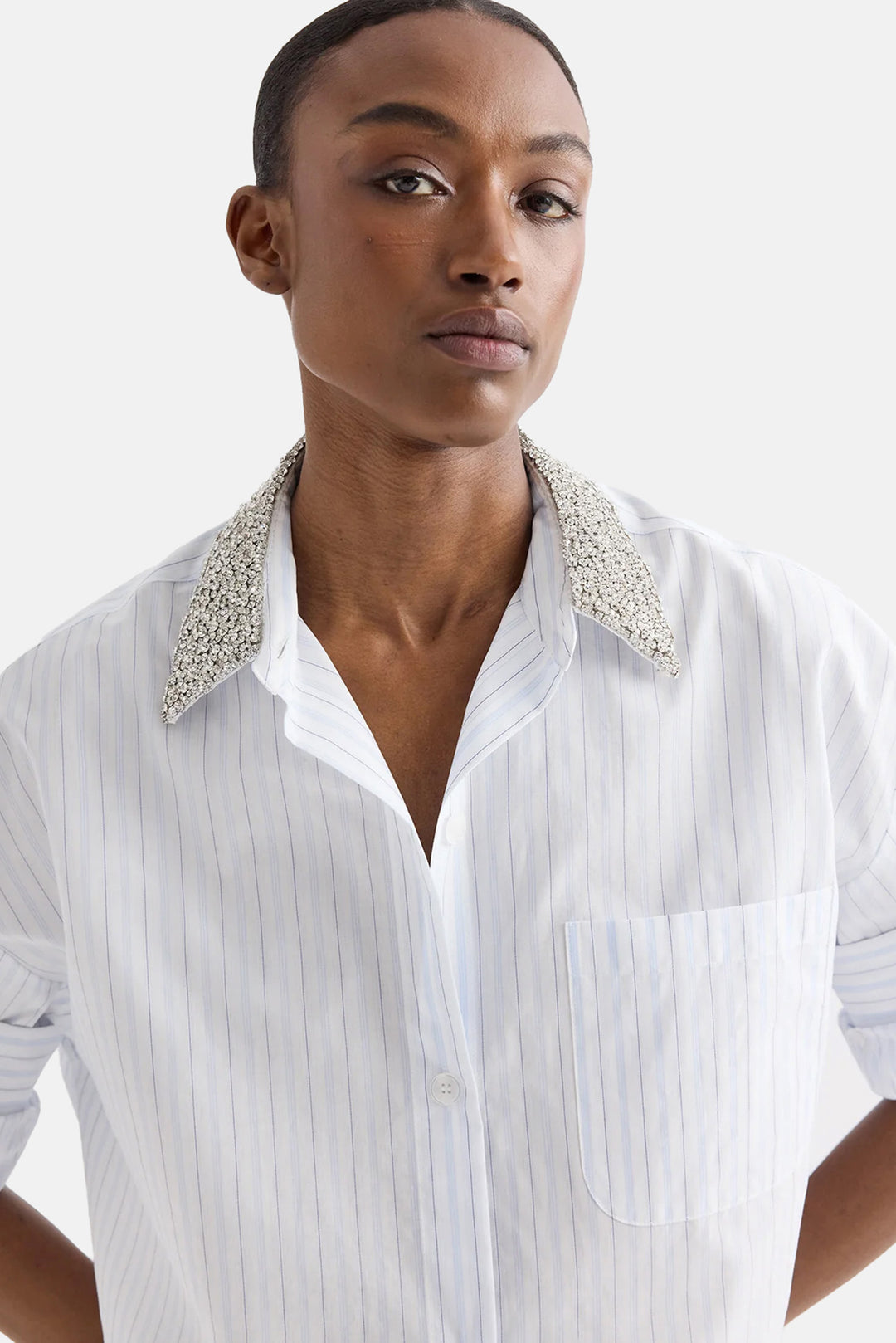 Next Ex Shirt w/ Crystal Collar in White / Blue