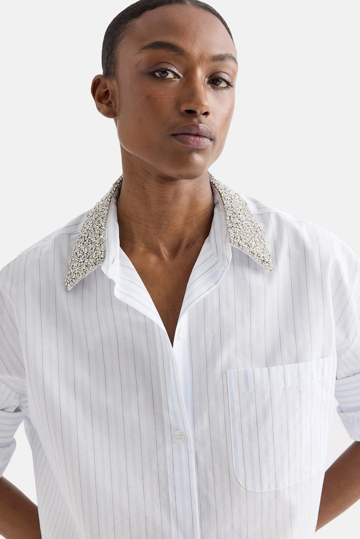 Next Ex Shirt w/ Crystal Collar in White / Blue