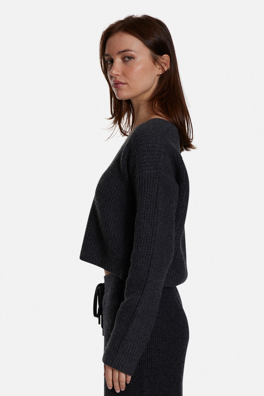 Caroline Cashmere Waffle Cardigan Charcoal