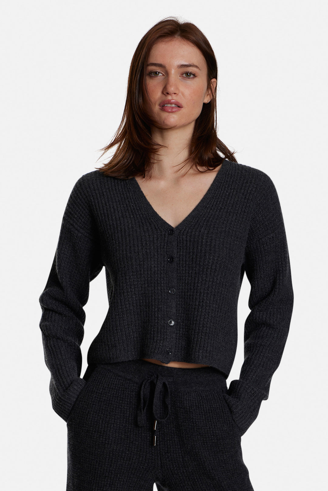 Caroline Cashmere Waffle Cardigan Charcoal