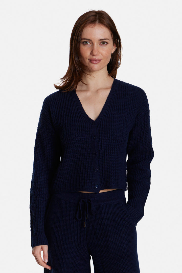 Caroline Cashmere Waffle Cardigan Navy