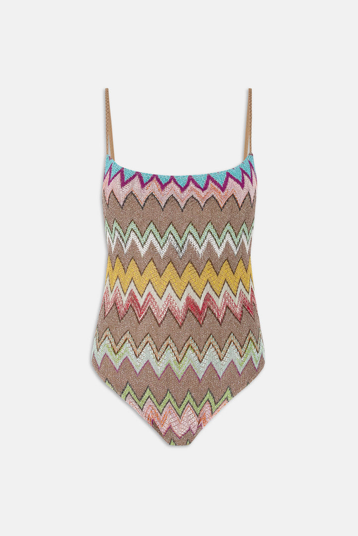 One-Piece Swimsuit Lamé Viscose w/ Macro Zigzag Pattern Black & Multicoloured