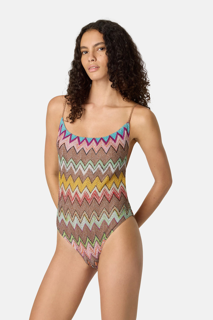 One-Piece Swimsuit Lamé Viscose w/ Macro Zigzag Pattern Black & Multicoloured
