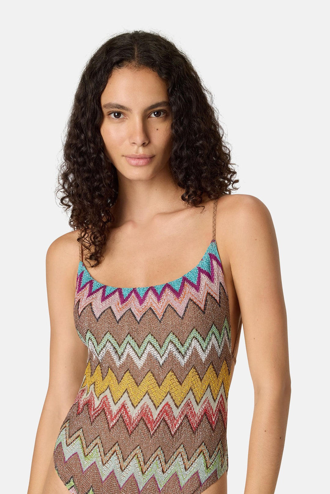 One-Piece Swimsuit Lamé Viscose w/ Macro Zigzag Pattern Black & Multicoloured
