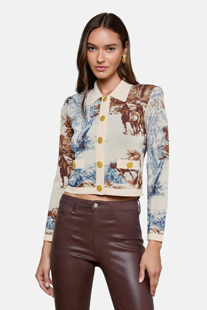 Osiris Jacquard Collared Cardi Tan Mountain Western Toile
