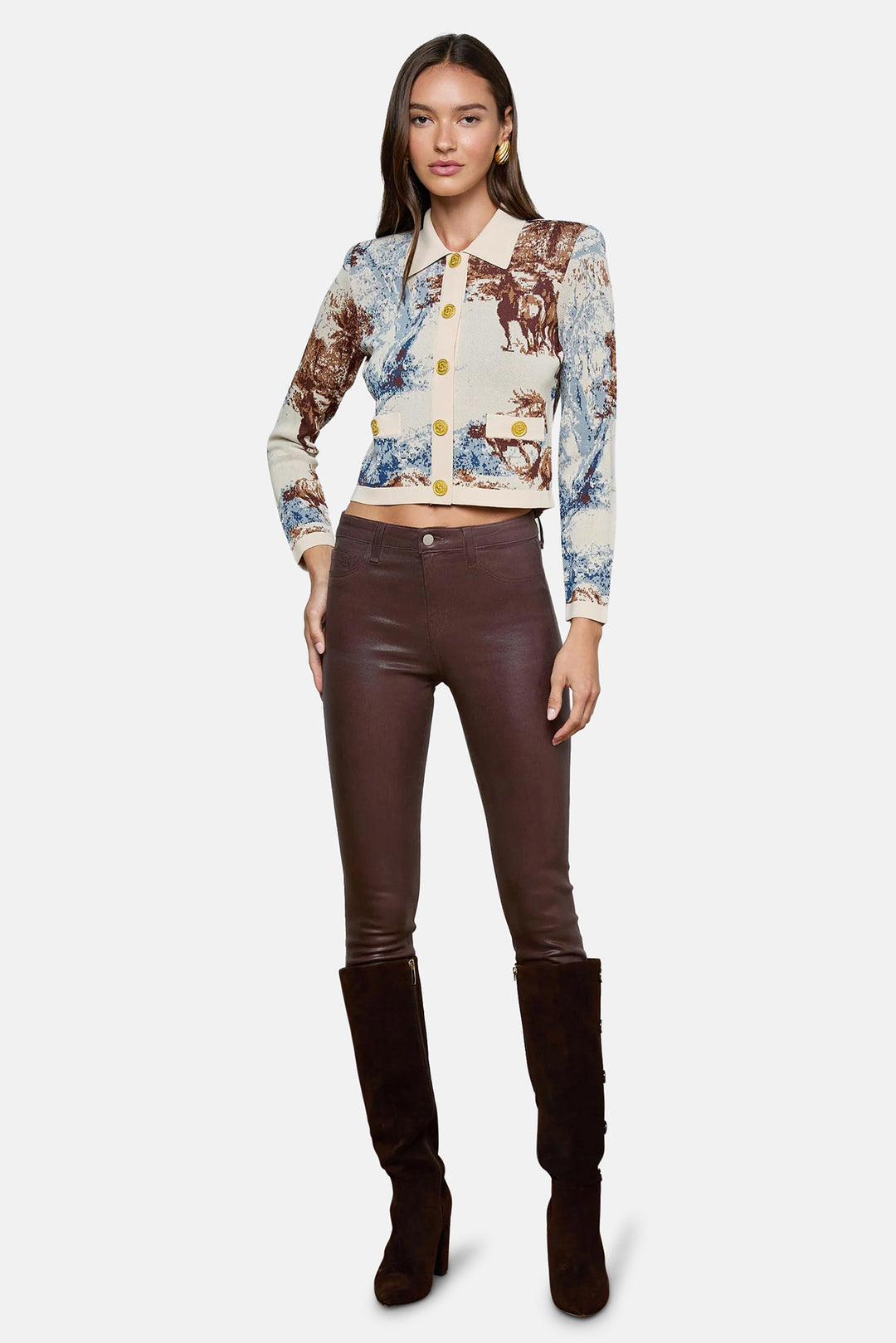 Osiris Jacquard Collared Cardi Tan Mountain Western Toile