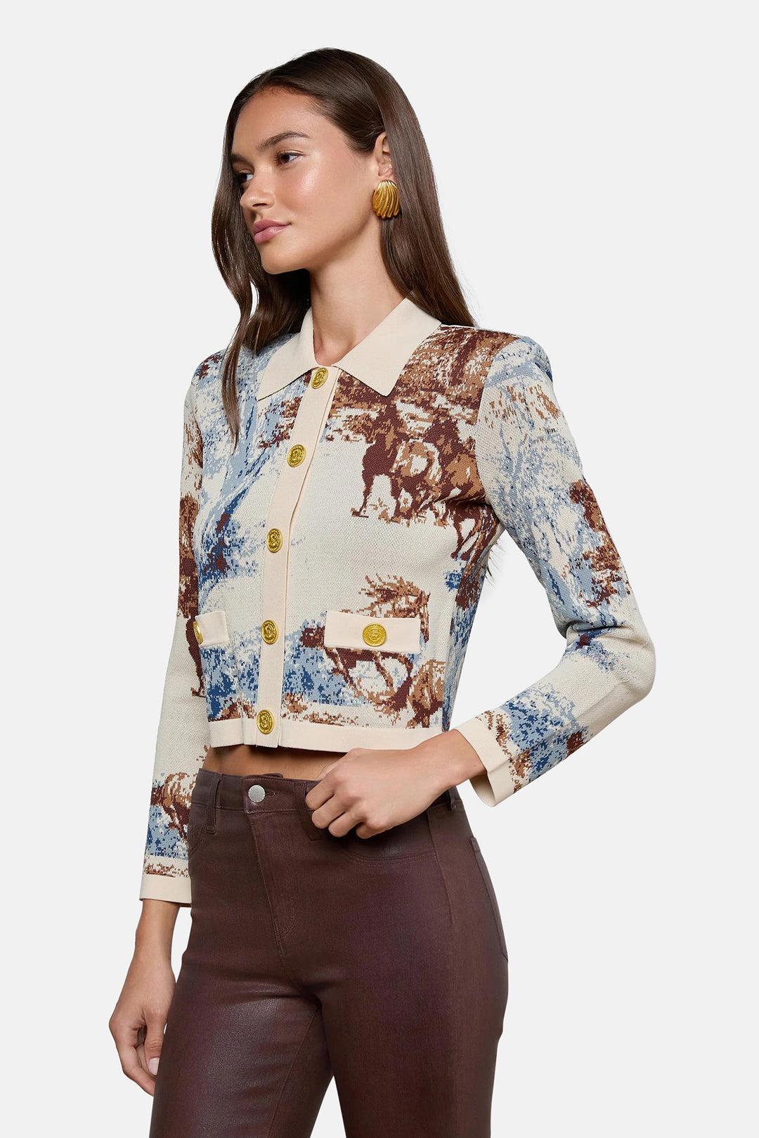 Osiris Jacquard Collared Cardi Tan Mountain Western Toile