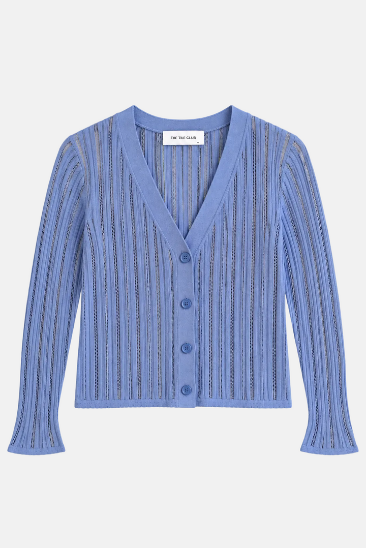 Monica Drop Needle Pointelle Cardigan Blue