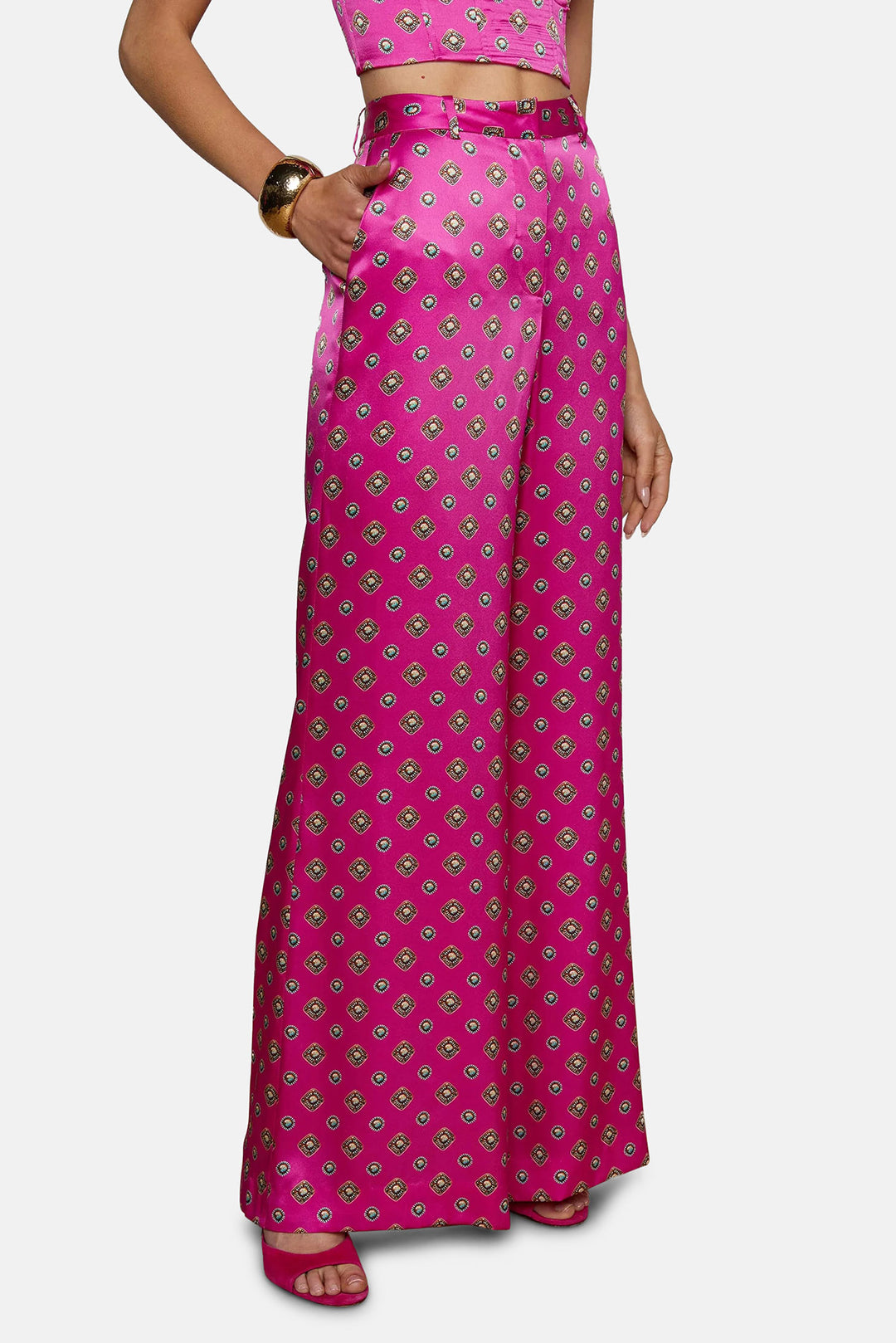 Pilar Silk Wide-Leg Pant Fuchsia/Turquoise Southwestern Geo