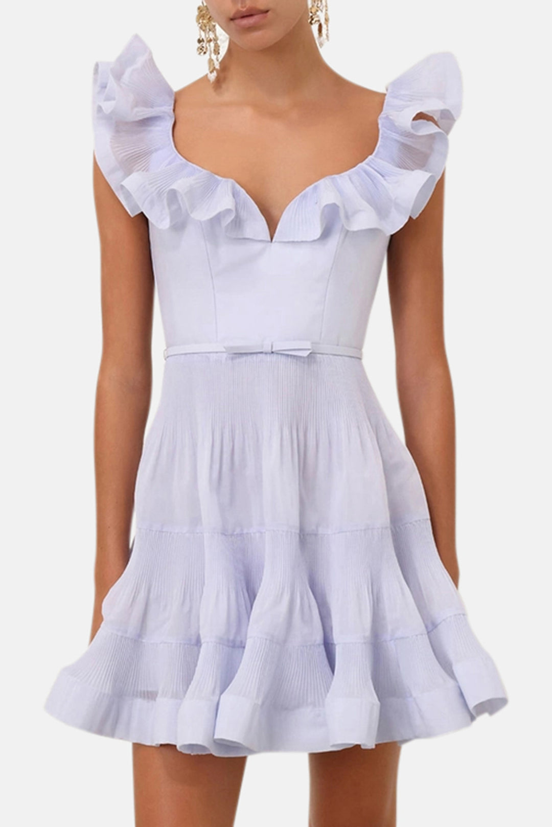 Zimmermann Pleated Frill Mini Dresses Light Blue blueandcream Zimmermann Pleated Frill Mini Dresses Light Blue blueandcream
