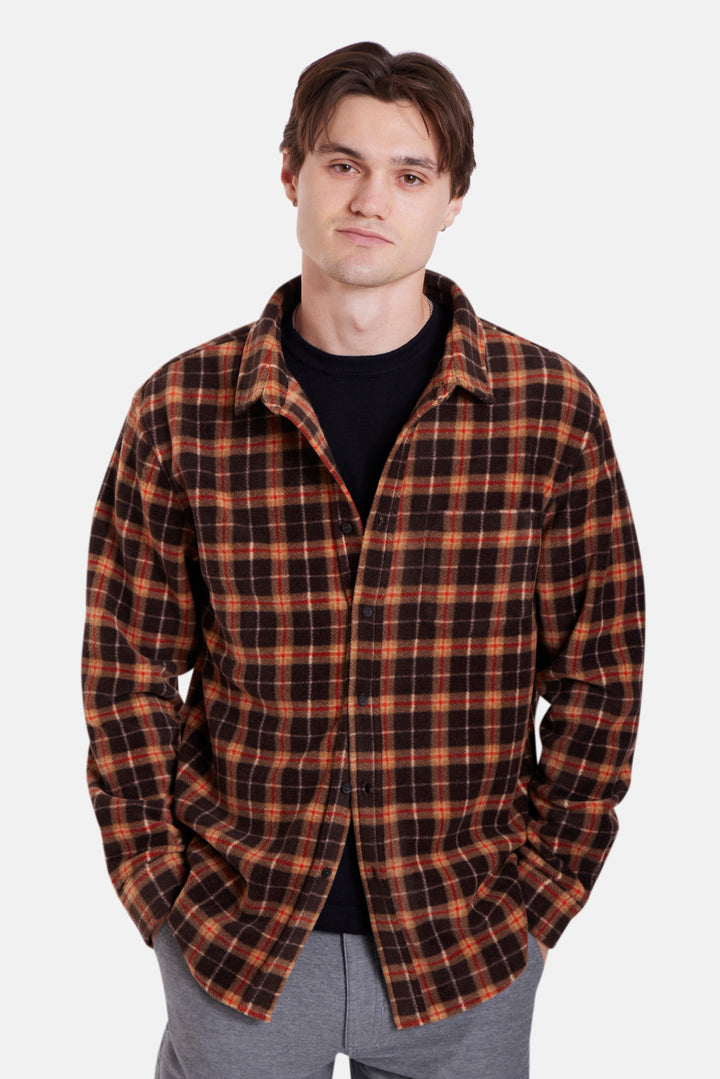 Polar Fleece Overshirt Mocha Plaid Orange Stripe
