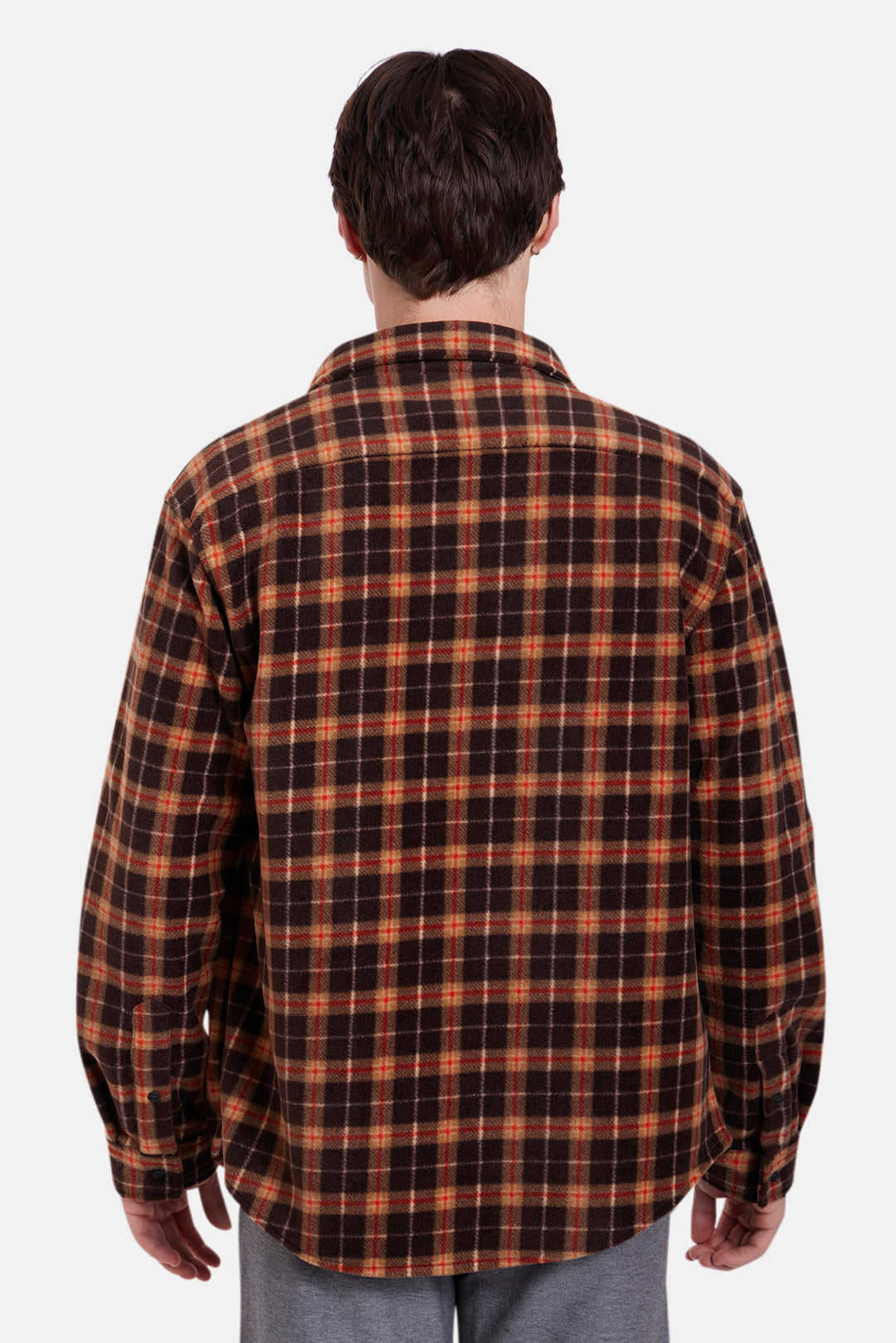 Polar Fleece Overshirt Mocha Plaid Orange Stripe