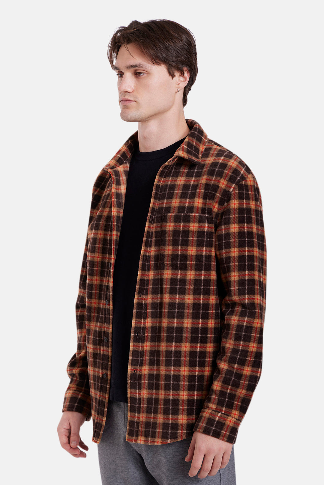 Polar Fleece Overshirt Mocha Plaid Orange Stripe