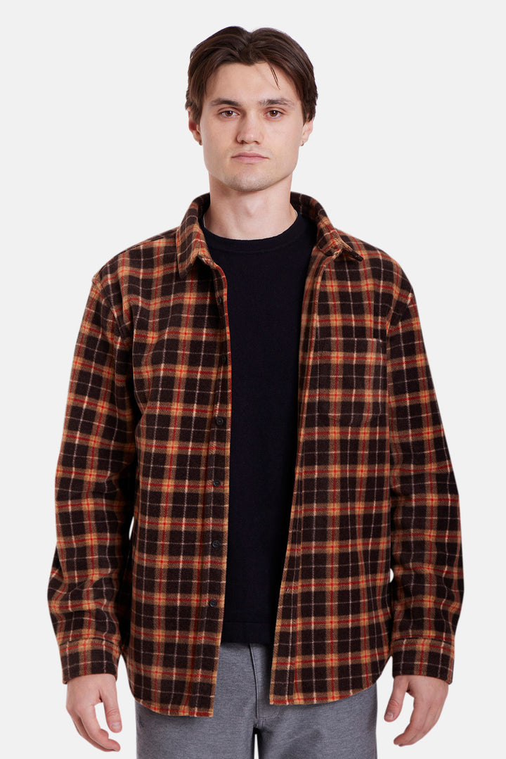 Polar Fleece Overshirt Mocha Plaid Orange Stripe