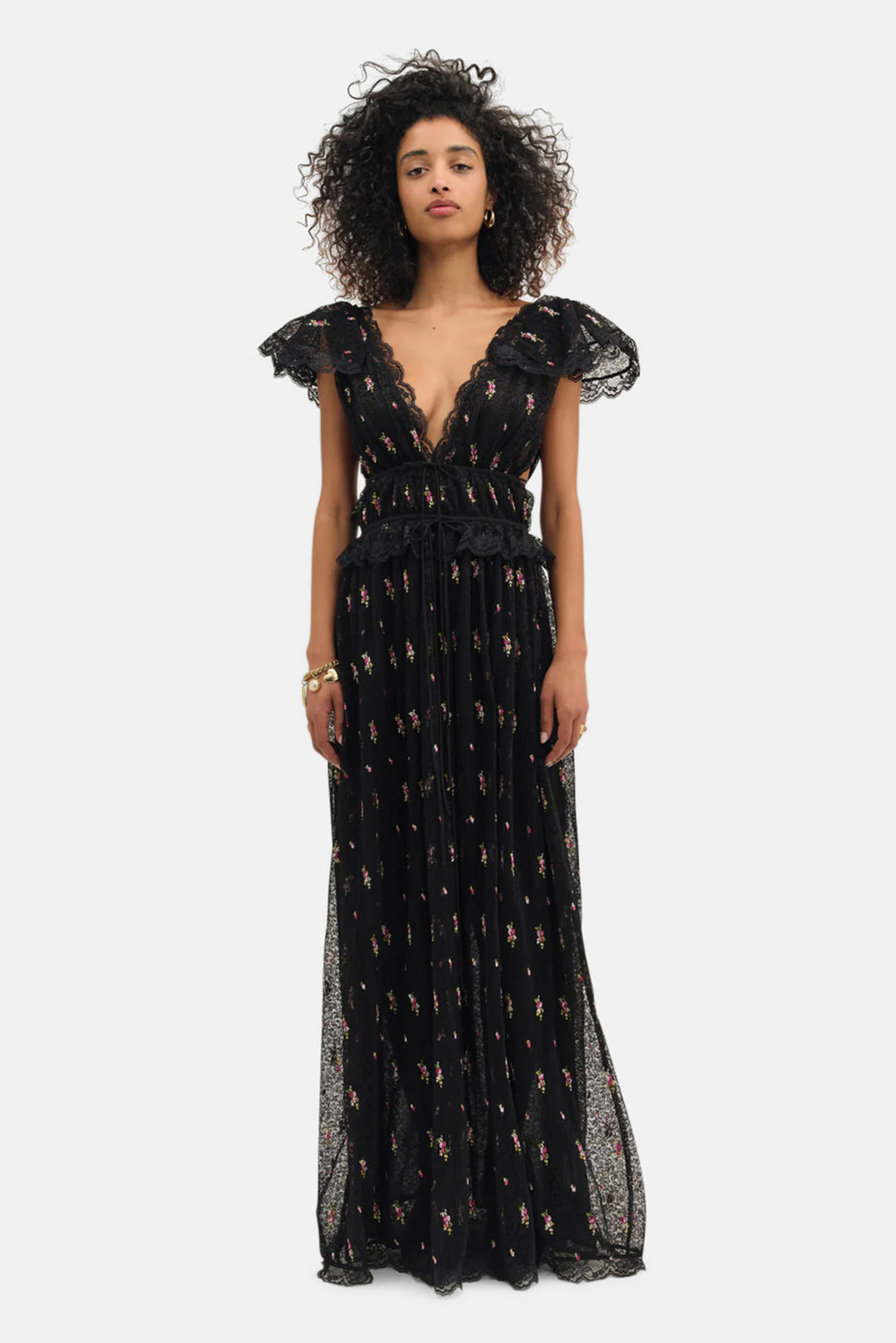 Poppy Pleated Lace Maxi Dress Black