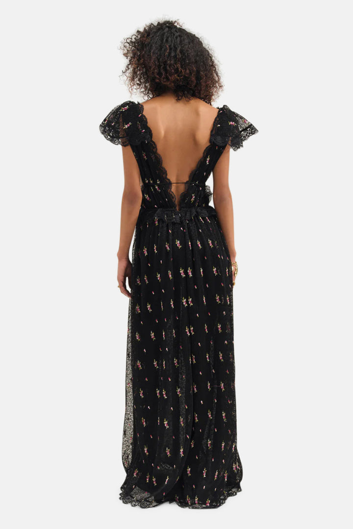 Poppy Pleated Lace Maxi Dress Black