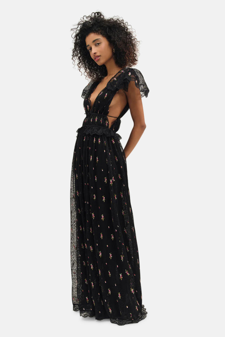 Poppy Pleated Lace Maxi Dress Black