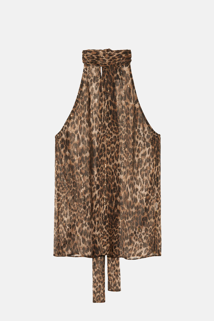 Alla Silk Halterneck Top Vintage Leopard Print