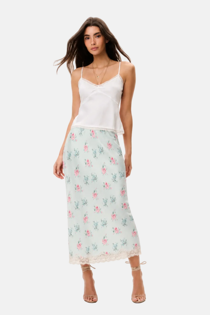 Castle Floral Satin Maxi Skirt Eucalyptus