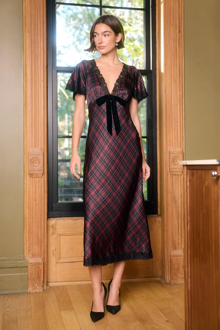 Sandie Silk Midi Dress Tartan Plaid