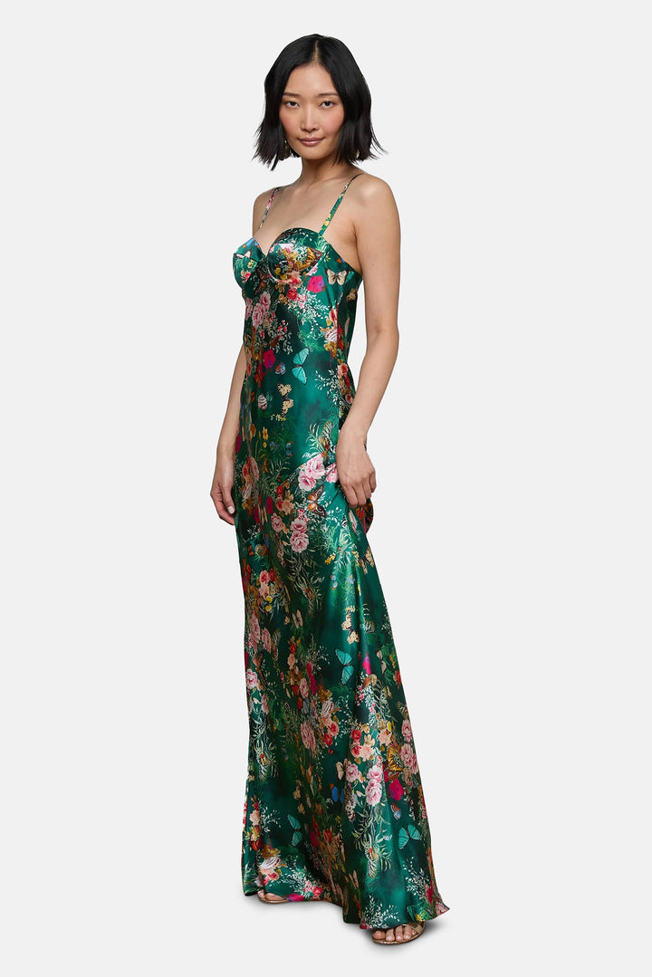 Sayla Silk Gown Bottle Green Multi Charonda Butterfly
