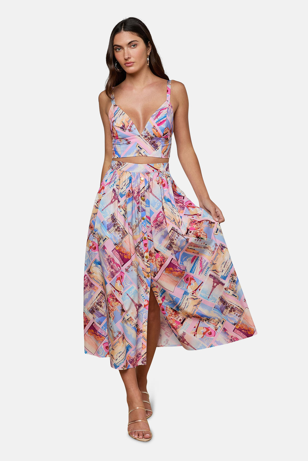 Seina Poplin Midi Skirt Light Pink Multi Small Postcard Print