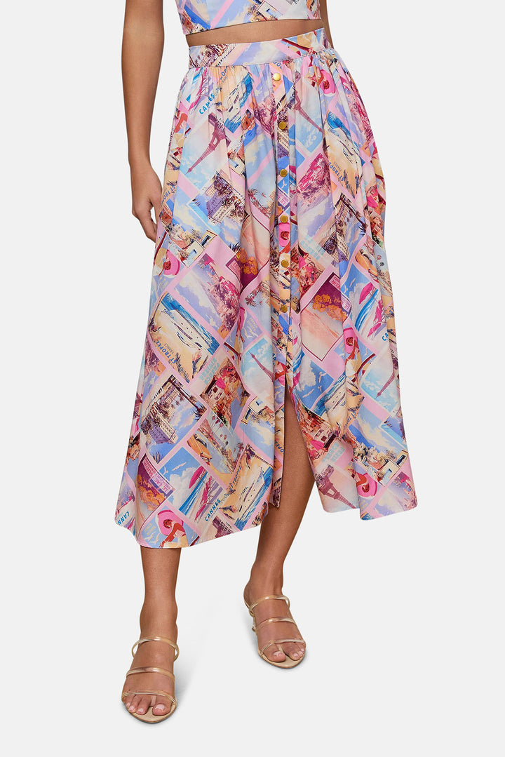 Seina Poplin Midi Skirt Light Pink Multi Small Postcard Print