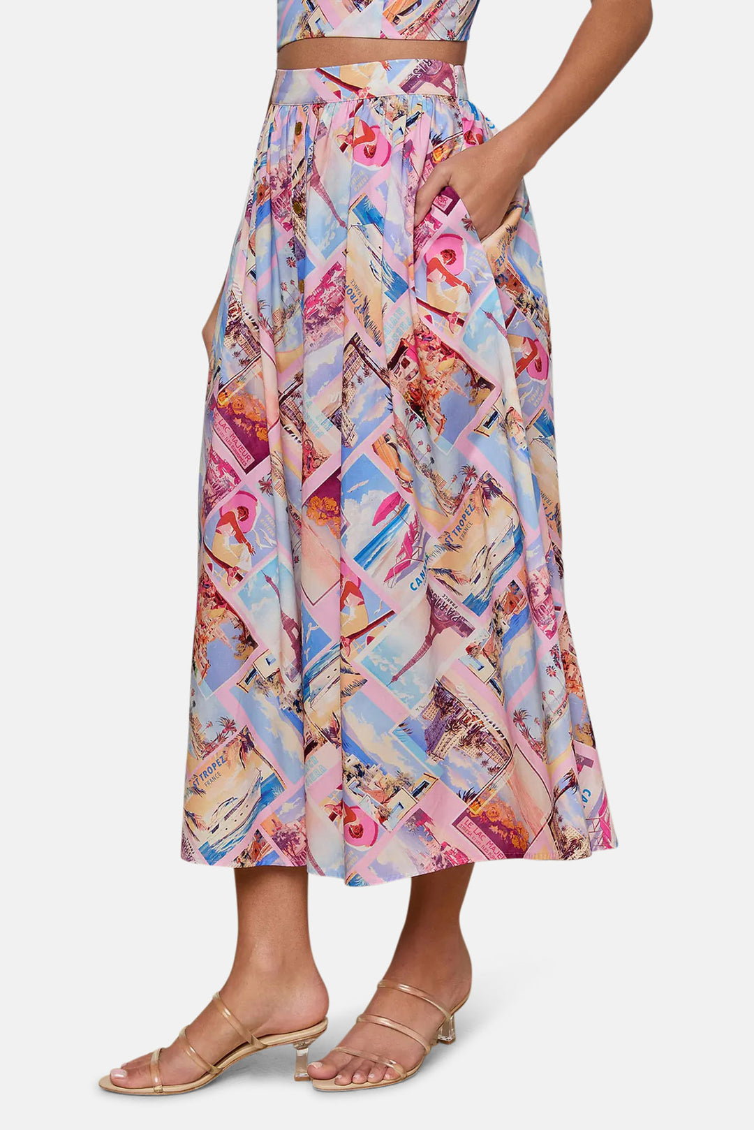 Seina Poplin Midi Skirt Light Pink Multi Small Postcard Print